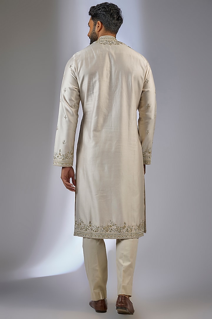 Dull Ivory Chanderi Pearl Embroidered Kurta Set by Anushree Reddy Men at Pernia's Pop Up Shop