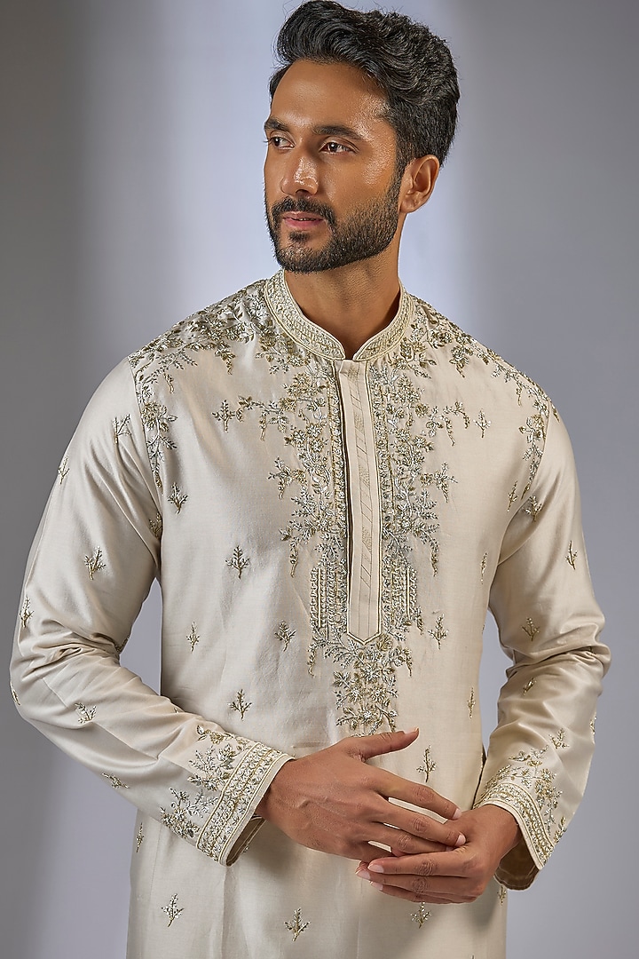 Dull Ivory Chanderi Pearl Embroidered Kurta Set by Anushree Reddy Men at Pernia's Pop Up Shop