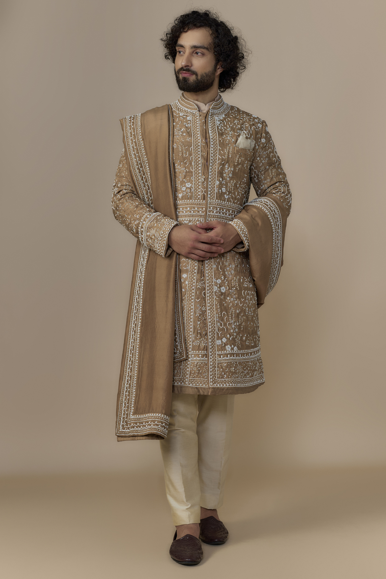Tan Brown Raw Silk Embroidered Sherwani Set by Anushree Reddy Men
