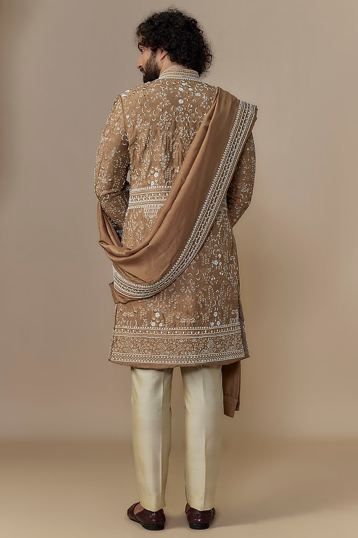 Tan Brown Raw Silk Embroidered Sherwani Set by Anushree Reddy Men at Pernia's Pop Up Shop