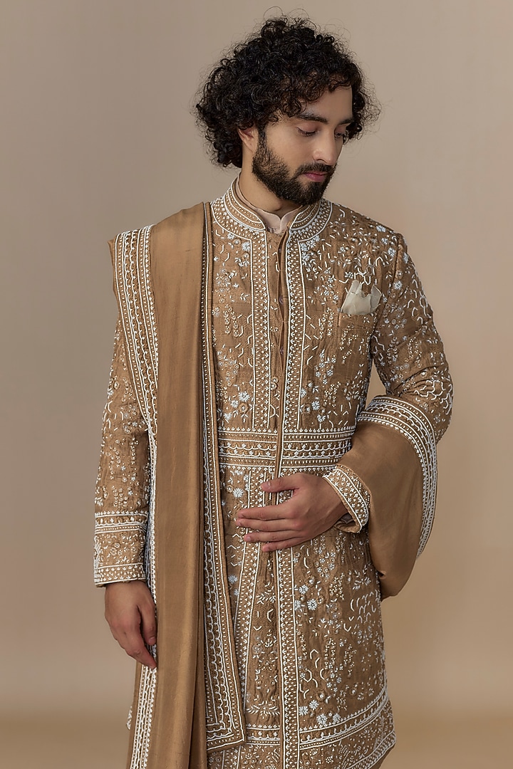 Tan Brown Raw Silk Embroidered Sherwani Set by Anushree Reddy Men at Pernia's Pop Up Shop