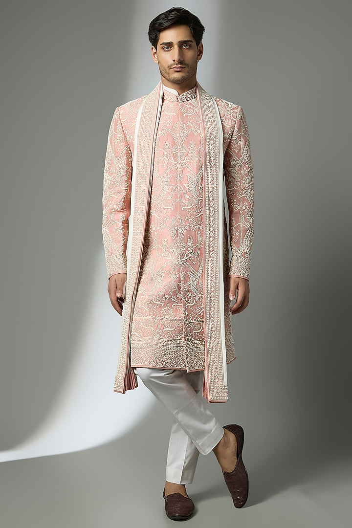 Dusty Rose Silk Groom Sherwani Set by Anushree Reddy Men at Pernia's Pop Up Shop