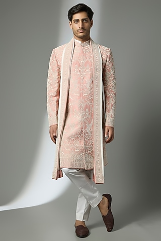 Dusty Rose Silk Sherwani Set by Anushree Reddy Men
