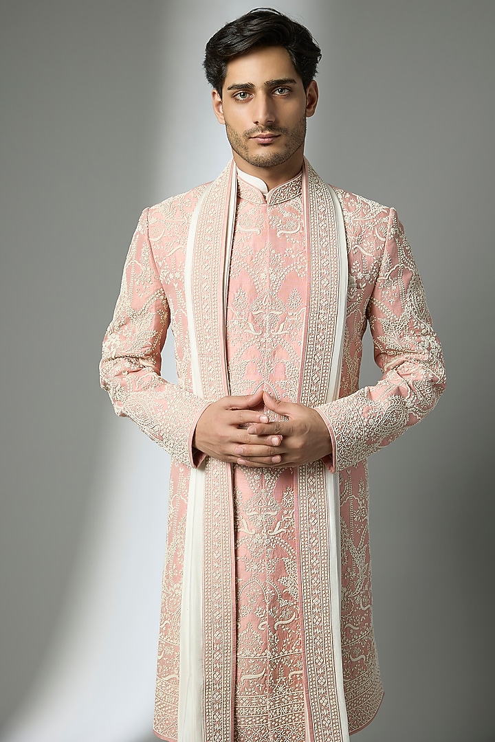 Dusty Rose Silk Groom Sherwani Set by Anushree Reddy Men at Pernia's Pop Up Shop