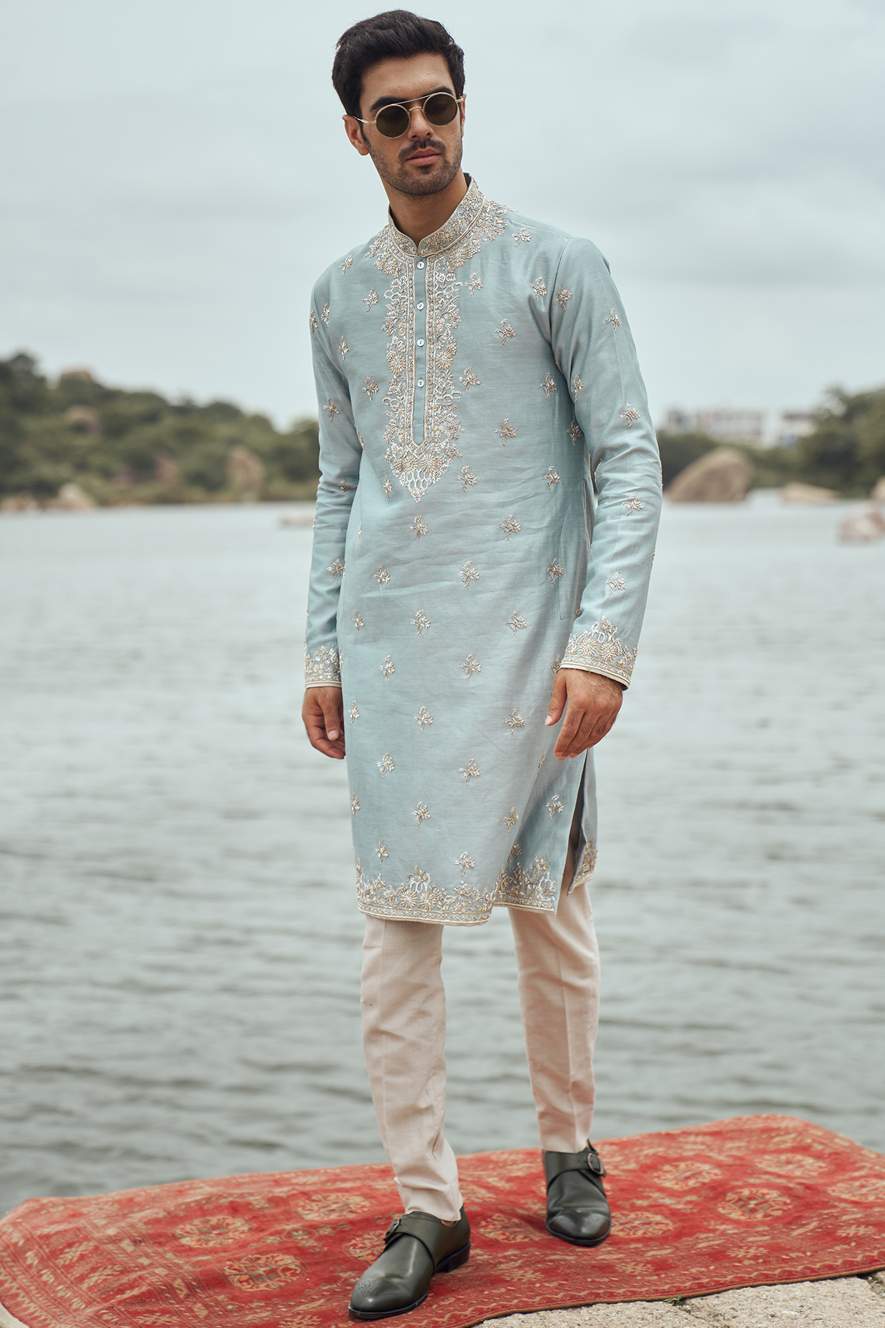 Soft Blue Chanderi Embroidered Kurta Set by Anushree Reddy Men at Pernia's Pop Up Shop