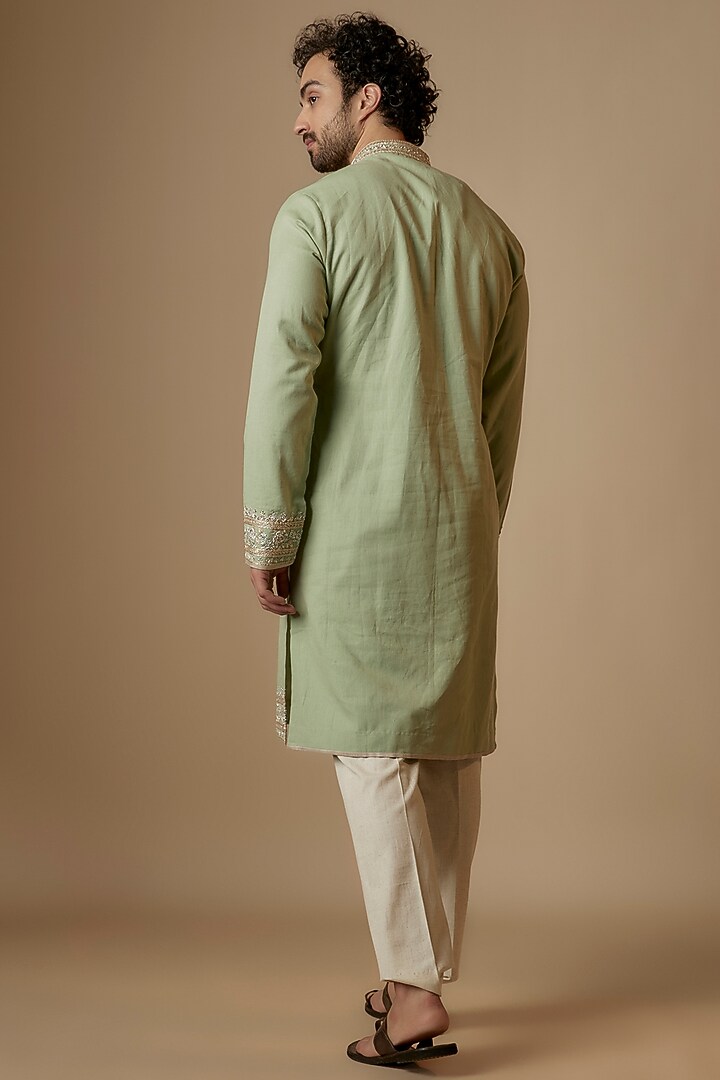 Light Green Linen Hand Embroidered Kurta Set by Anushree Reddy Men at Pernia's Pop Up Shop