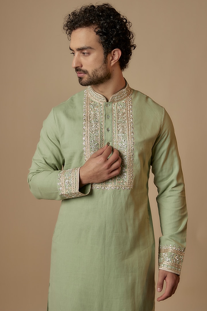 Light Green Linen Hand Embroidered Kurta Set by Anushree Reddy Men at Pernia's Pop Up Shop