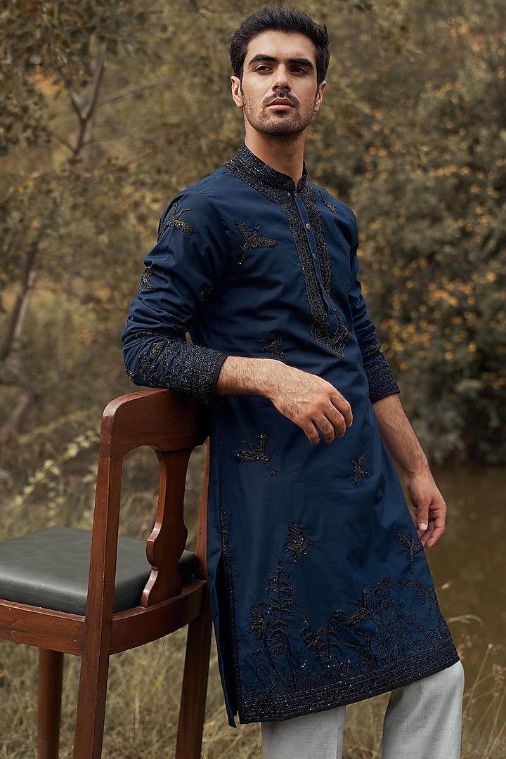 Navy Blue Chanderi Embroidered Kurta Set by Anushree Reddy Men at Pernia's Pop Up Shop