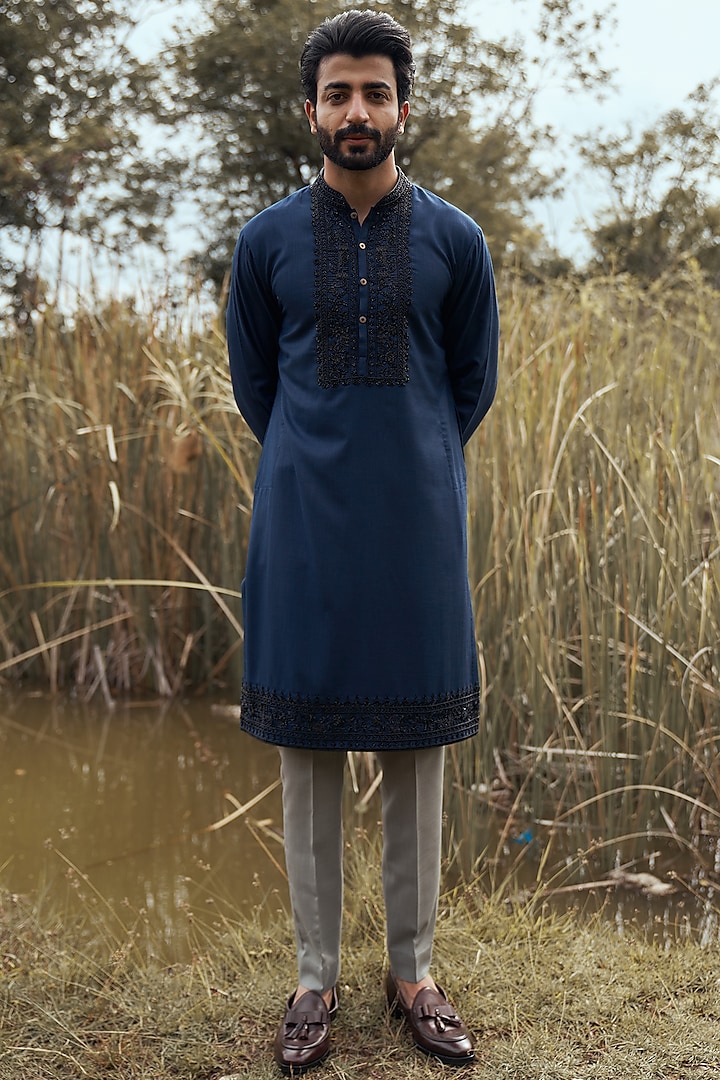 Navy Blue Chanderi Embroidered Kurta Set by Anushree Reddy Men at Pernia's Pop Up Shop