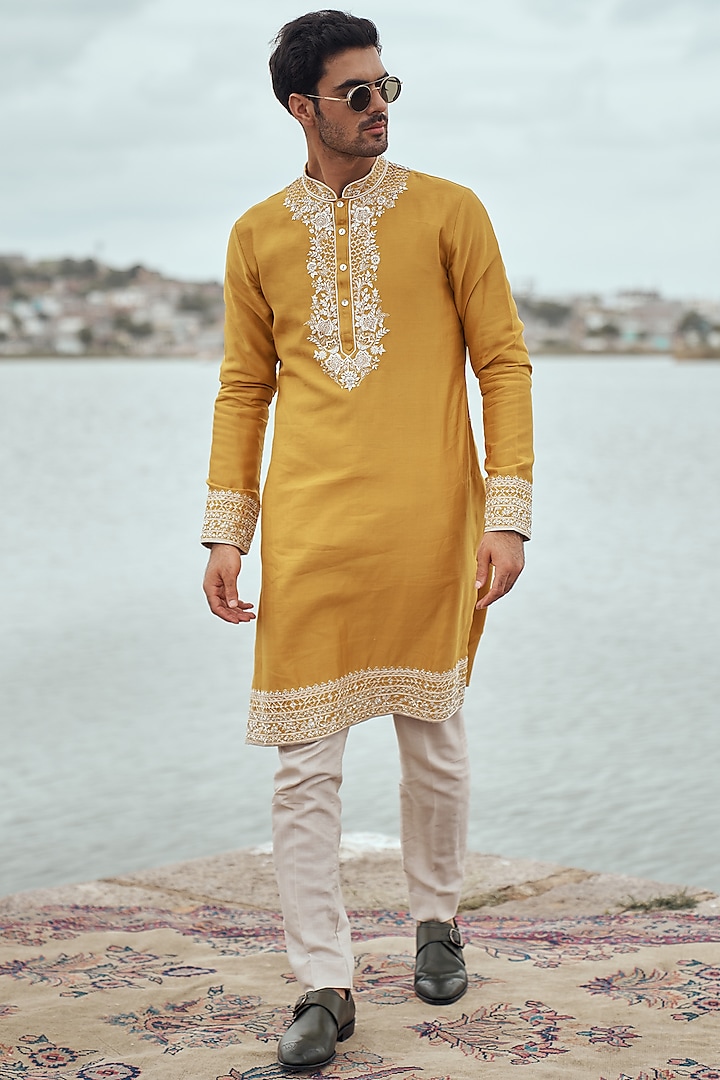 Mustard Chanderi Embroidered Kurta Set by Anushree Reddy Men at Pernia's Pop Up Shop