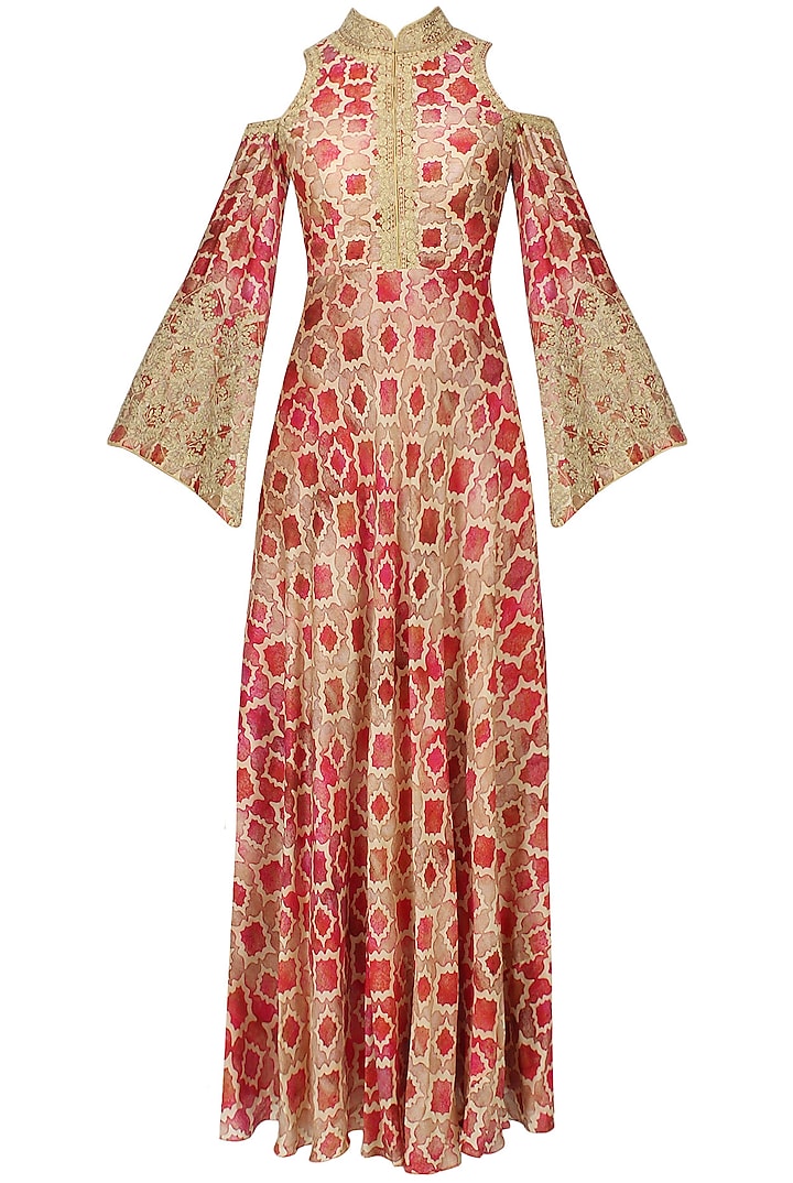Red And Beige Printed Shoulder Cut Gown by Anoli Shah