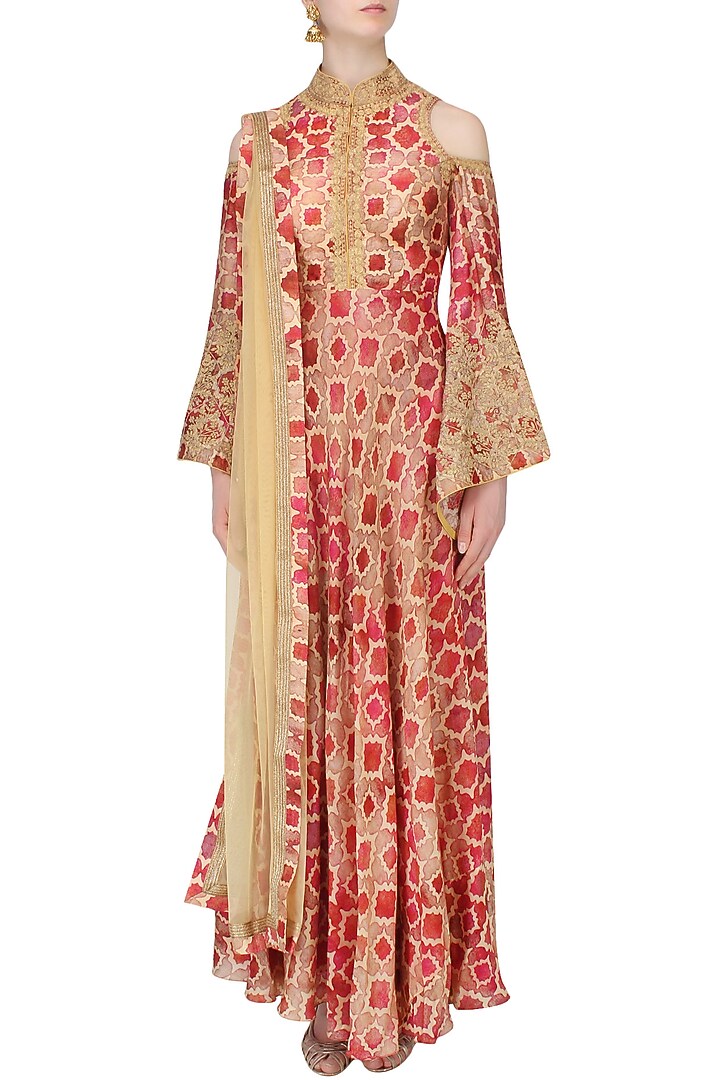 Red and beige printed shoulder cut gown available only at Pernia's Pop Up Shop.