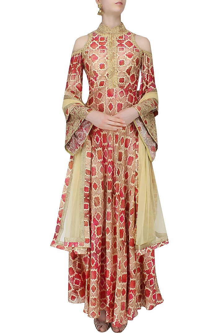 Red and beige printed shoulder cut gown available only at Pernia's Pop Up Shop.