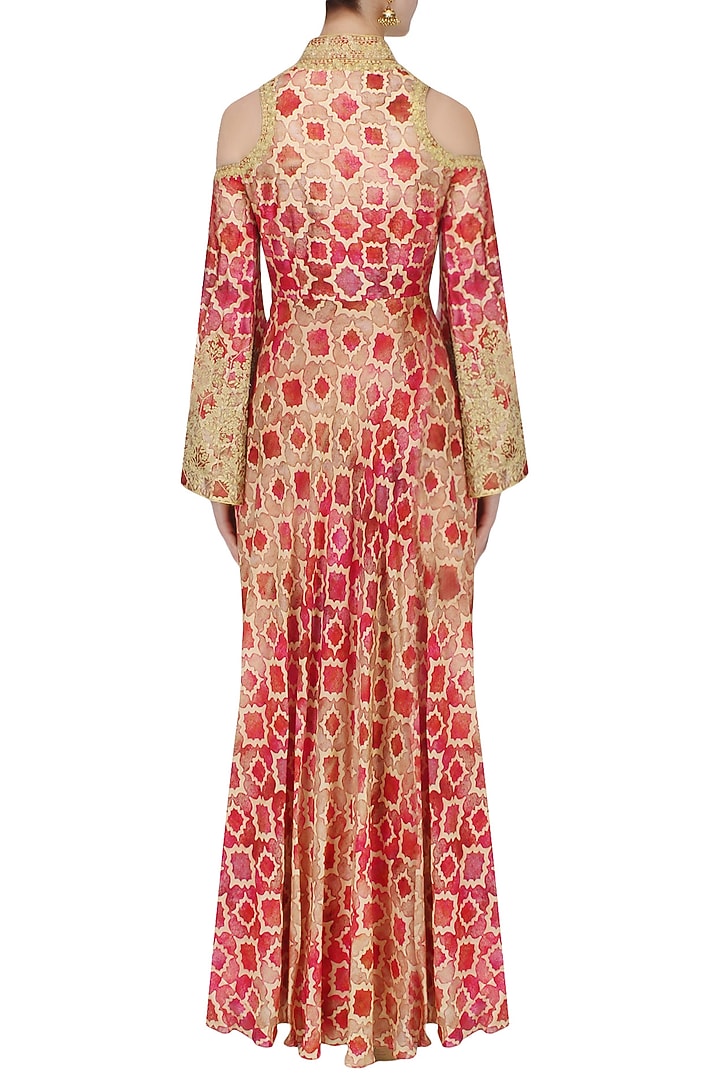 Red and beige printed shoulder cut gown available only at Pernia's Pop Up Shop.