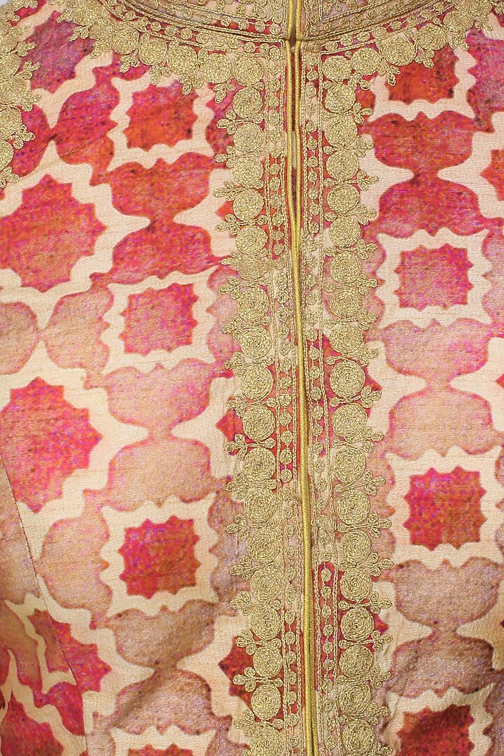 Red and beige printed shoulder cut gown available only at Pernia's Pop Up Shop.