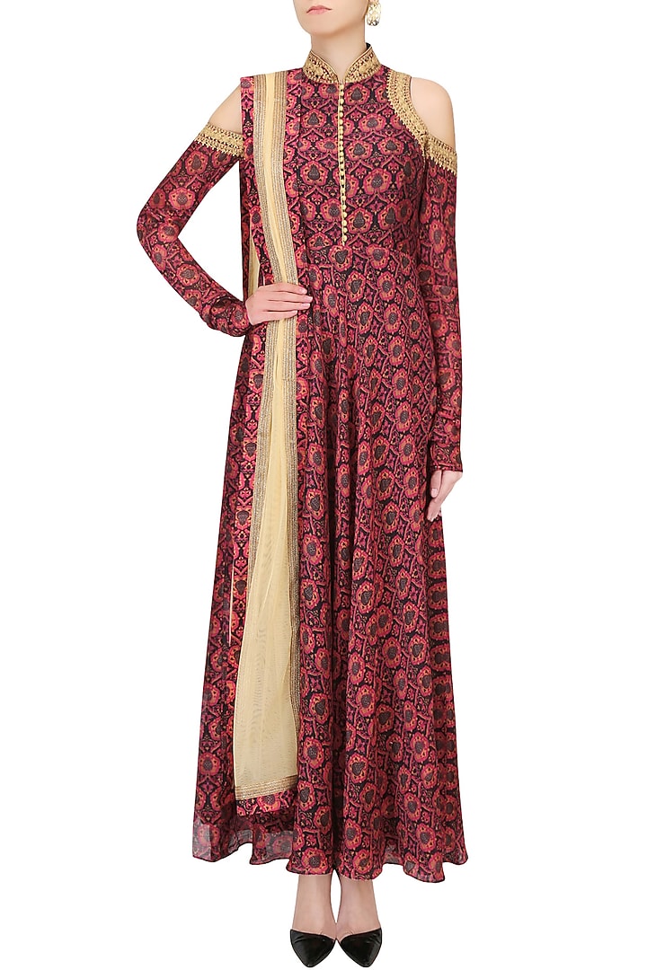 Red and black printed shoulder cut gown available only at Pernia's Pop Up Shop.