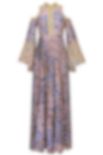Blue, Purple And Beige Printed Shoulder Cut Gown by Anoli Shah