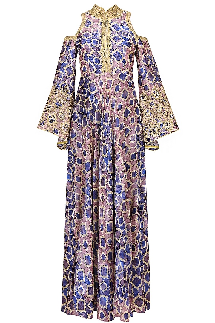 Blue, Purple And Beige Printed Shoulder Cut Gown by Anoli Shah