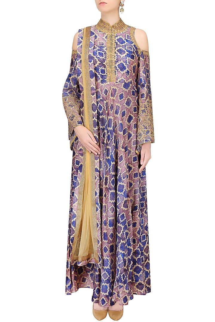 Blue, purple and beige printed shoulder cut gown available only at Pernia's Pop Up Shop.