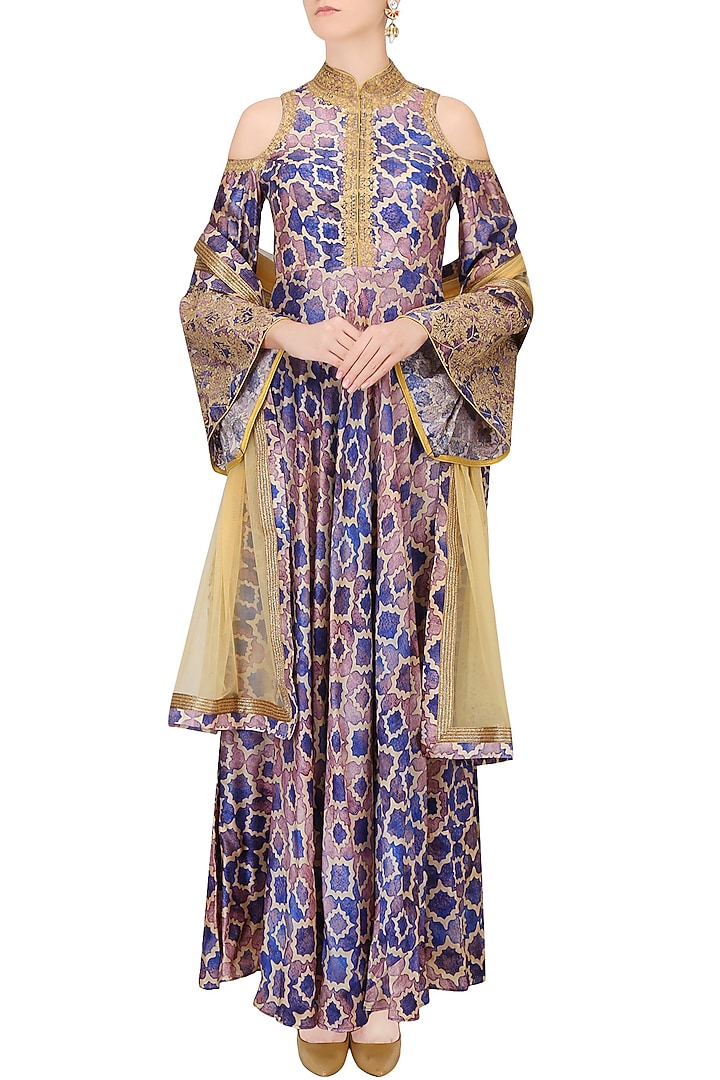Blue, purple and beige printed shoulder cut gown available only at Pernia's Pop Up Shop.
