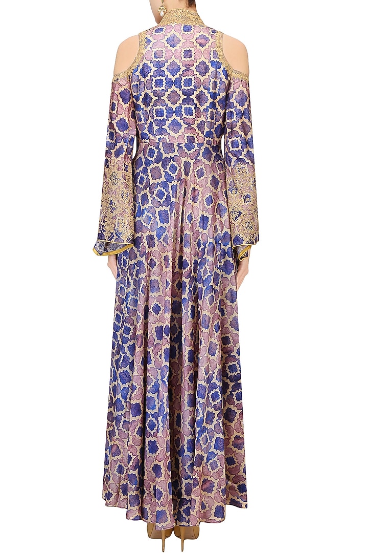 Blue, purple and beige printed shoulder cut gown available only at Pernia's Pop Up Shop.