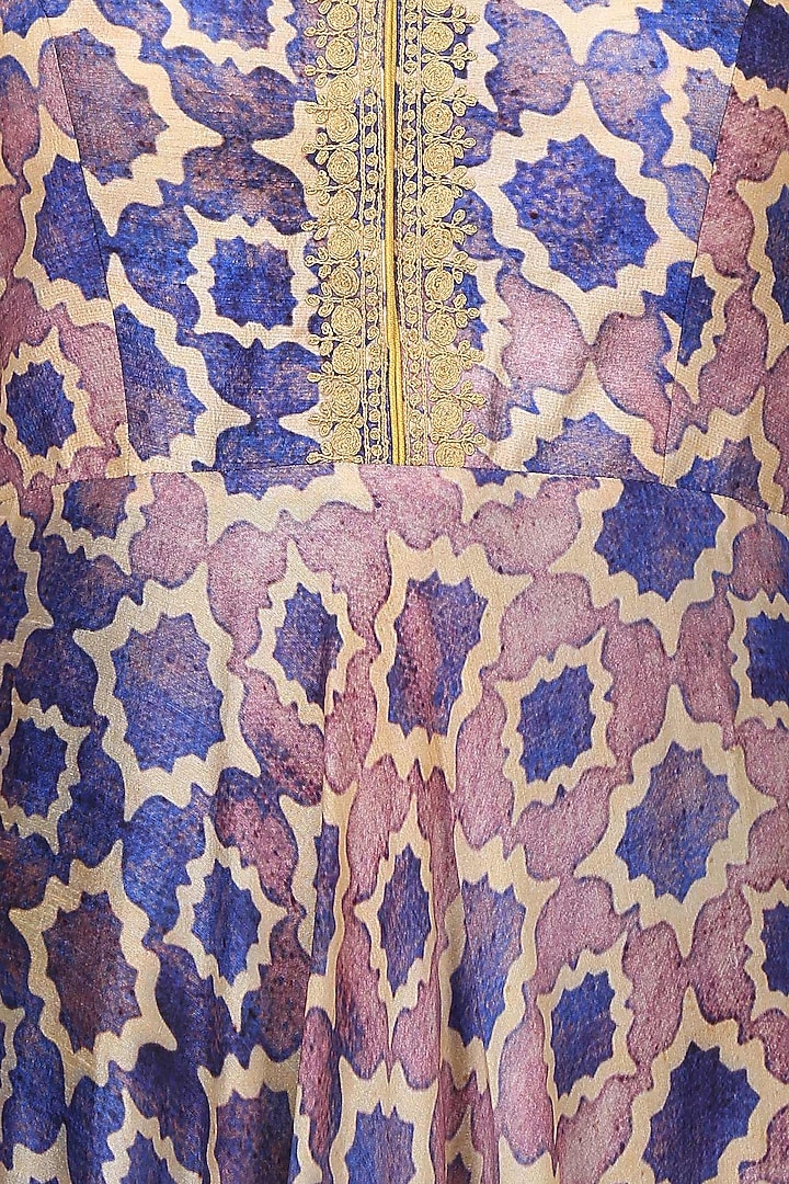 Blue, purple and beige printed shoulder cut gown available only at Pernia's Pop Up Shop.