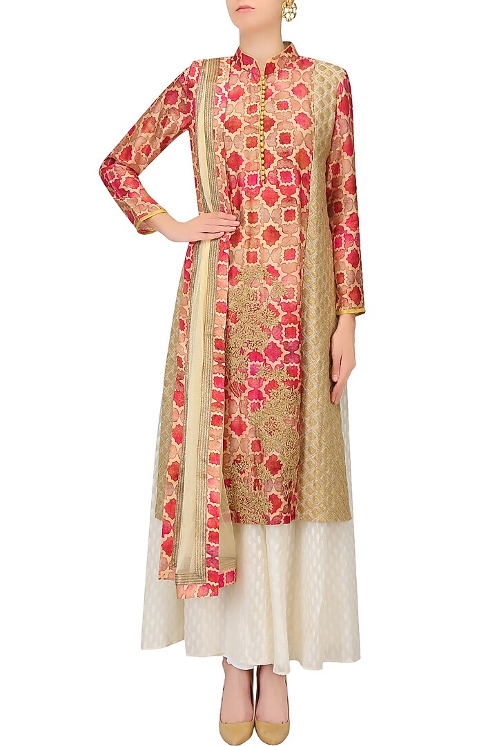 Red printed dori embroidered kurta and off white sharara pants set available only at Pernia's Pop Up Shop.