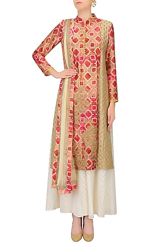 Red Printed Dori Embroidered Kurta And Off White Sharara Pants Set by Anoli Shah