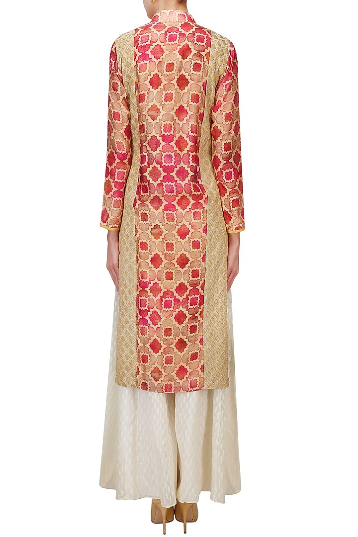 Red printed dori embroidered kurta and off white sharara pants set available only at Pernia's Pop Up Shop.