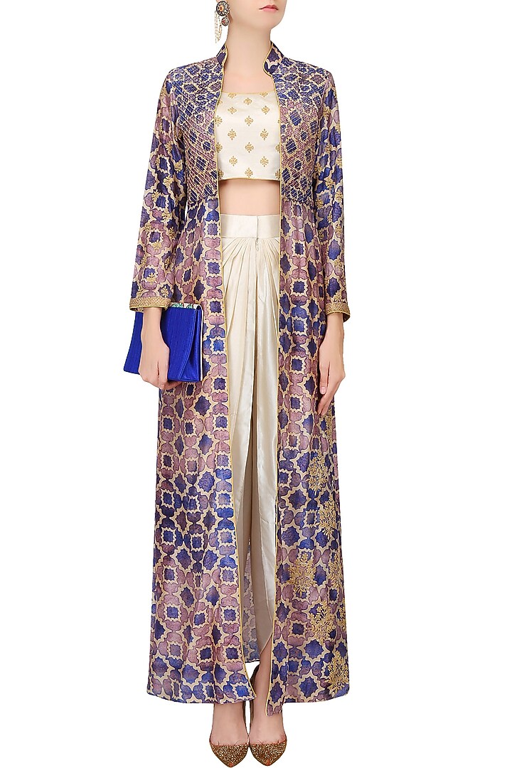 Off white embroidered crop top and dhoti pants with blue printed jacket available only at Pernia's Pop Up Shop.