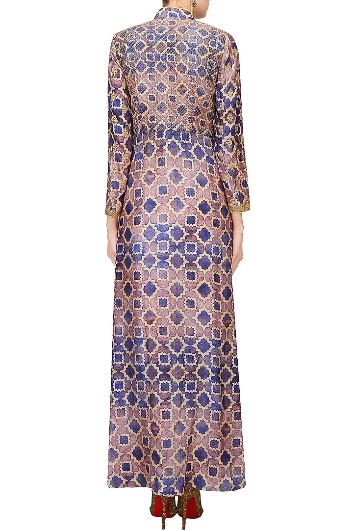 Off white embroidered crop top and dhoti pants with blue printed jacket available only at Pernia's Pop Up Shop.