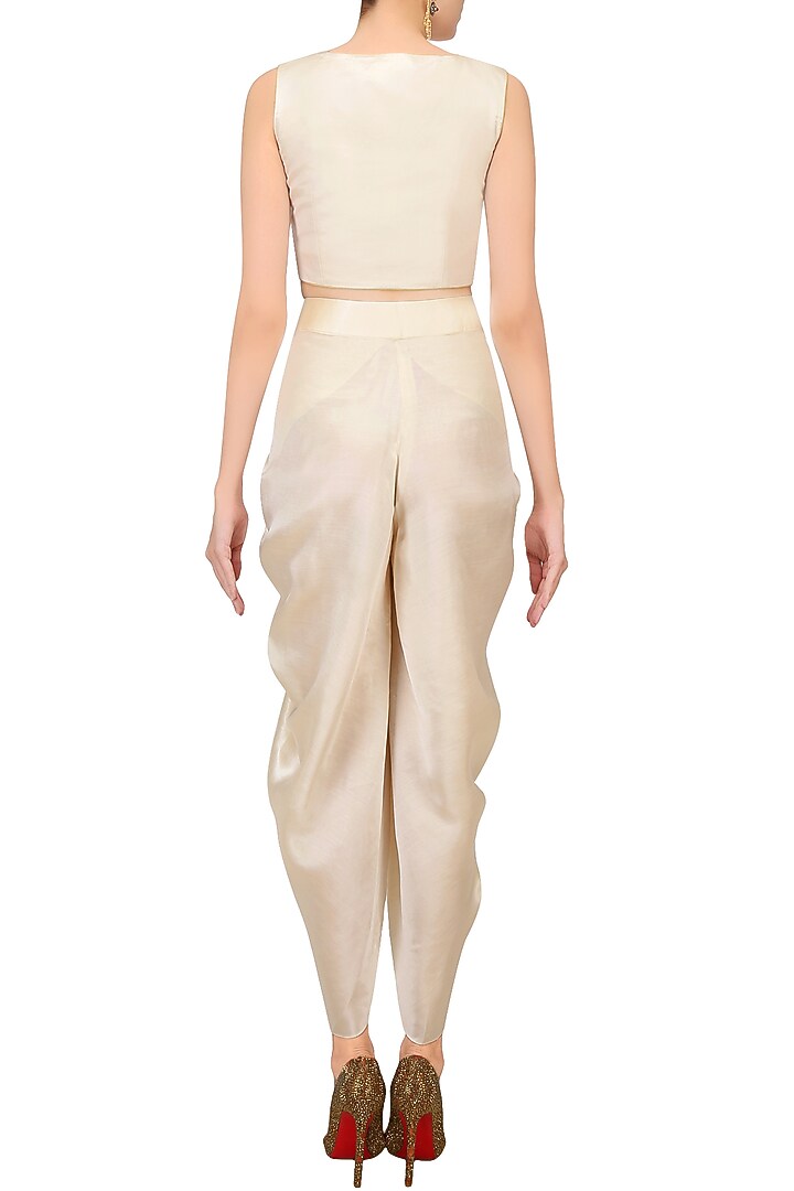 Off white embroidered crop top and dhoti pants with blue printed jacket available only at Pernia's Pop Up Shop.