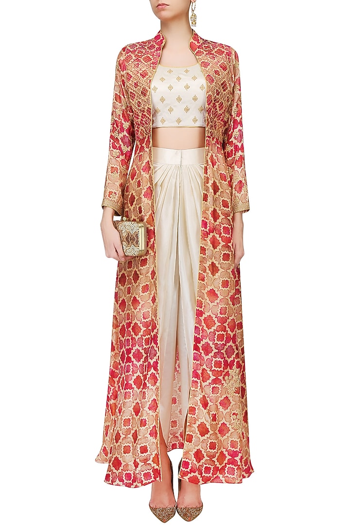 Off white embroidered crop top and dhoti pants with red printed jacket available only at Pernia's Pop Up Shop.