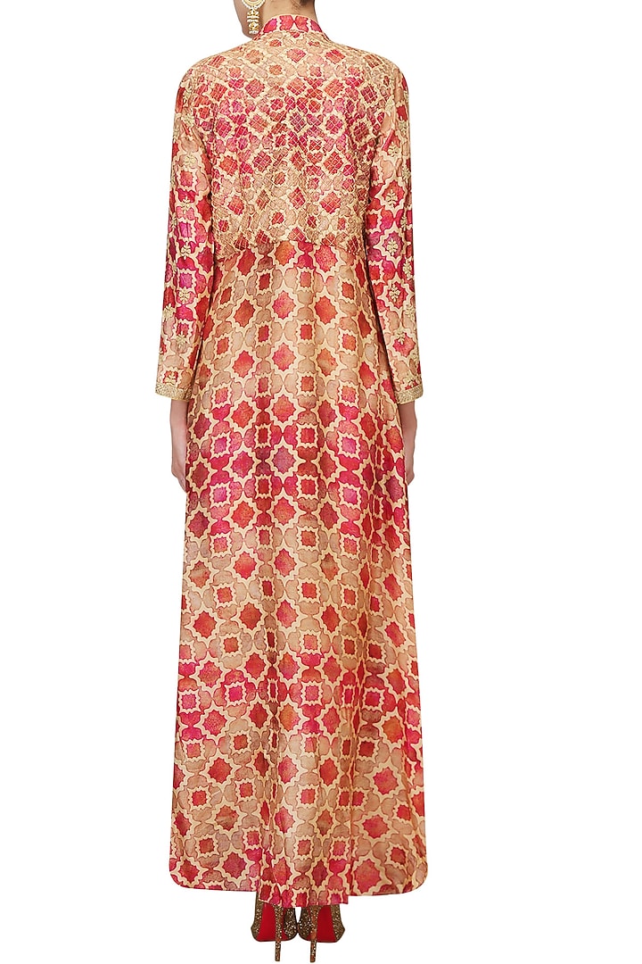 Off white embroidered crop top and dhoti pants with red printed jacket available only at Pernia's Pop Up Shop.