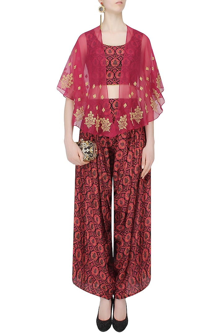 Red and black printed crop top and cowl pants wih red embroidered cape available only at Pernia's Pop Up Shop.