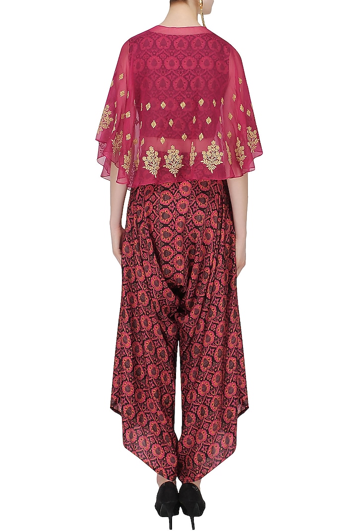 Red and black printed crop top and cowl pants wih red embroidered cape available only at Pernia's Pop Up Shop.