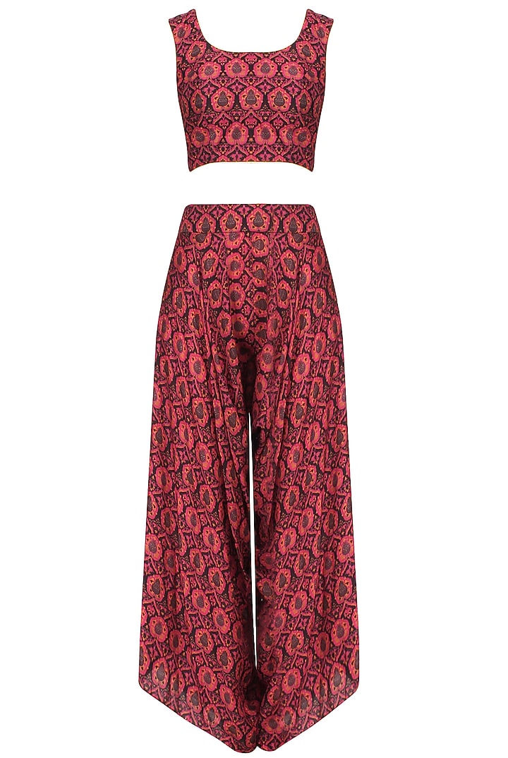 Red and black printed crop top and cowl pants wih red embroidered cape available only at Pernia's Pop Up Shop.