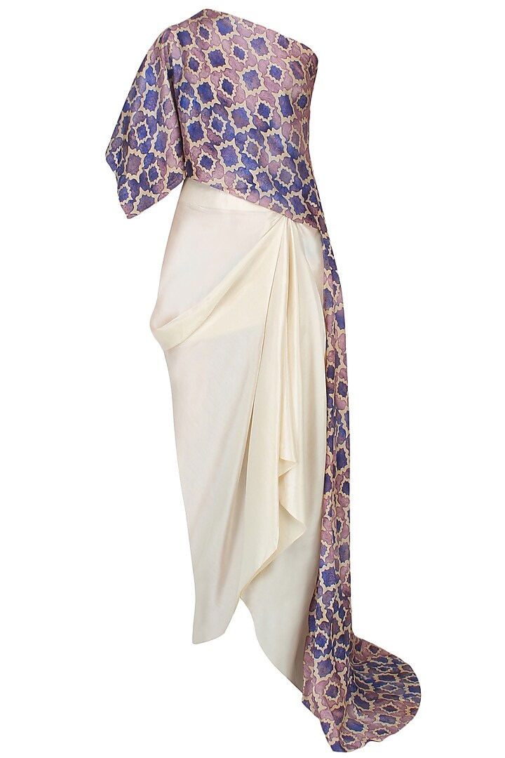 Blue Printed One Shoulder Cape And Off White Drapped Skirt Set by Anoli Shah