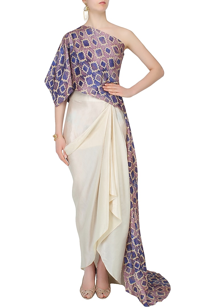 Blue printed one shoulder cape and off white drapped skirt set available only at Pernia's Pop Up Shop.
