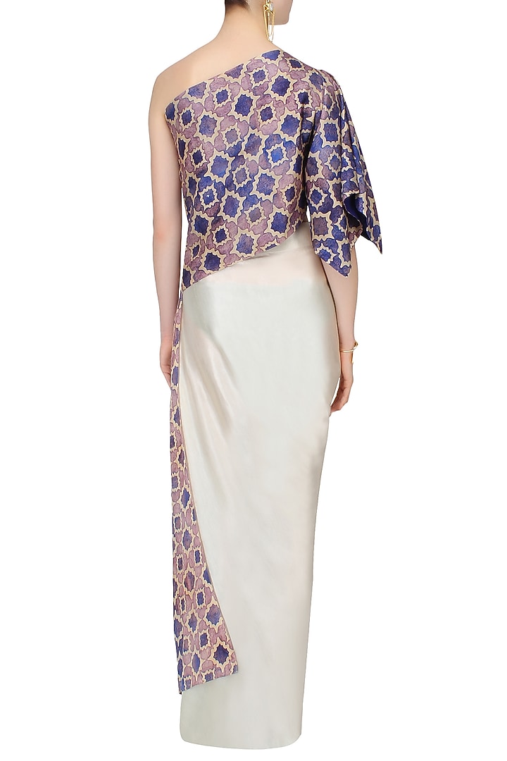 Blue printed one shoulder cape and off white drapped skirt set available only at Pernia's Pop Up Shop.
