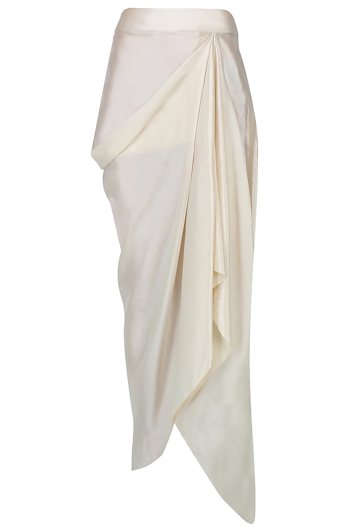 Blue printed one shoulder cape and off white drapped skirt set available only at Pernia's Pop Up Shop.