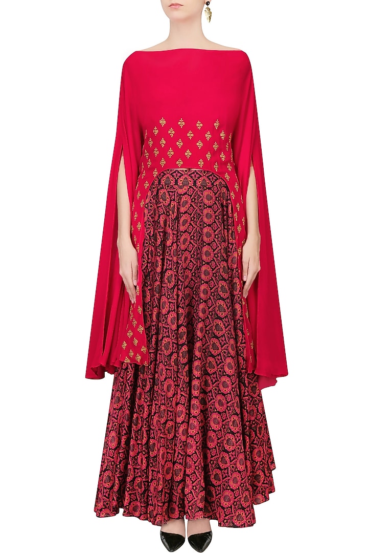 Pink embroidered cape with black and red printed skirt available only at Pernia's Pop Up Shop.