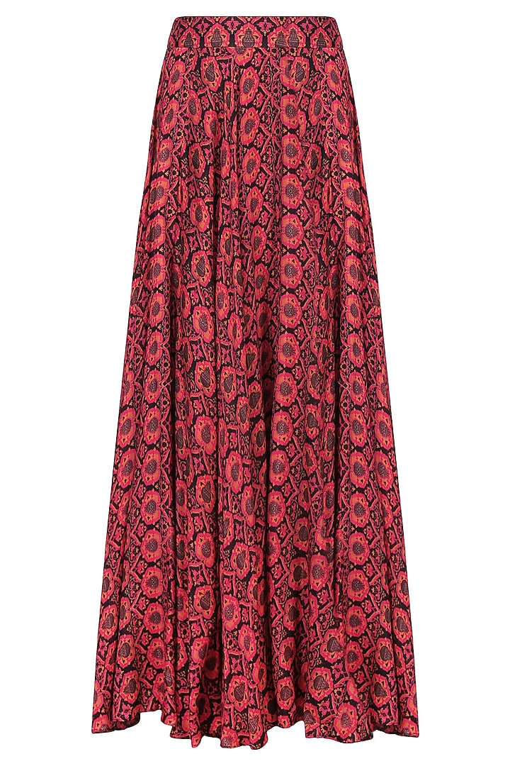 Pink embroidered cape with black and red printed skirt available only at Pernia's Pop Up Shop.