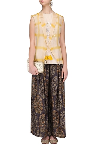 Beige Crop Top, Ajrakh Pallazo Pants and Jacket Set by Anoli Shah