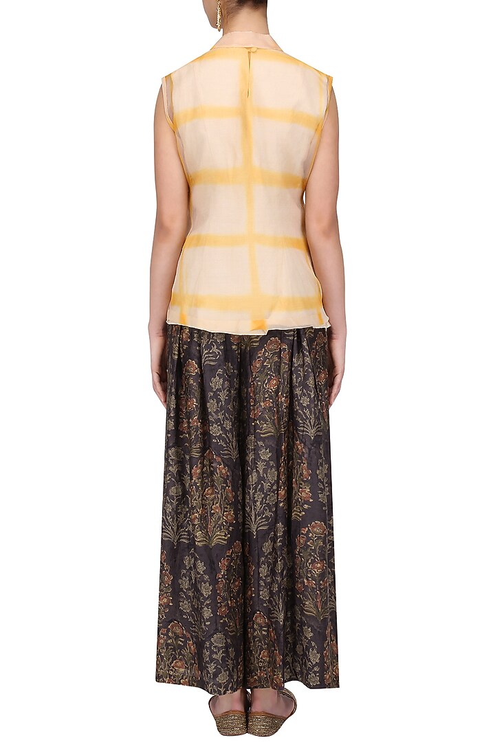 Beige crop top, ajrakh pallazo pants and jacket set available only at Pernia's Pop Up Shop.
