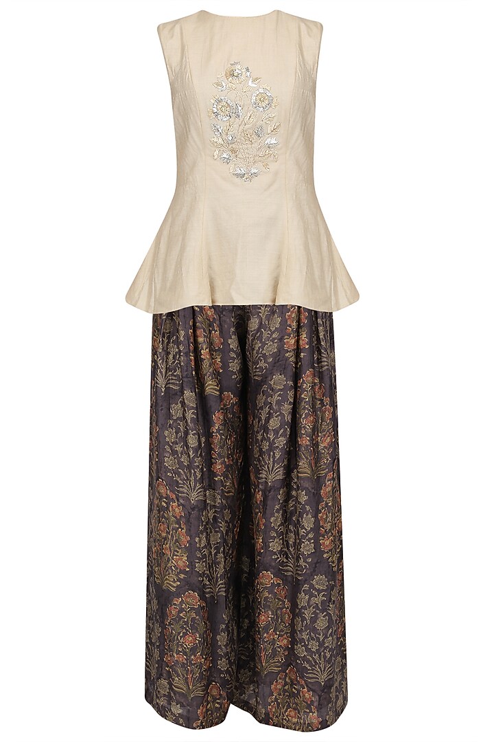 Beige crop top, ajrakh pallazo pants and jacket set available only at Pernia's Pop Up Shop.
