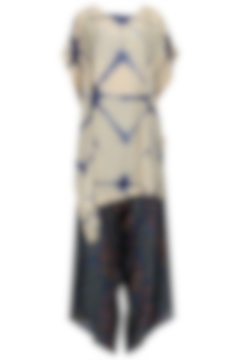 Beige and Blue Shibori Top and Printed Cowl Pants Set by Anoli Shah