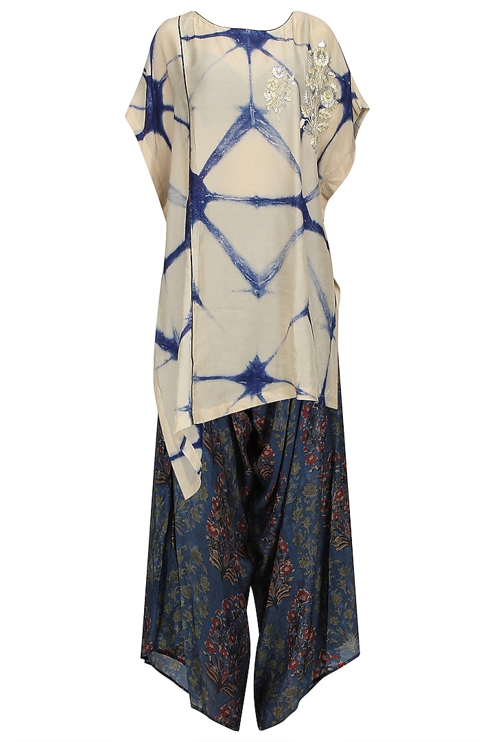 Beige and Blue Shibori Top and Printed Cowl Pants Set by Anoli Shah