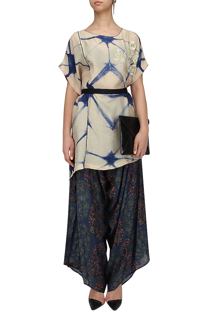 Beige and blue shibori top and printed cowl pants set available only at Pernia's Pop Up Shop.