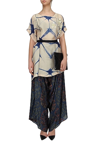 Beige and Blue Shibori Top and Printed Cowl Pants Set by Anoli Shah
